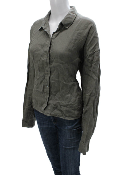 James Perse Women Linen Collared Button-Up Long Sleeve Basic Green Size 3