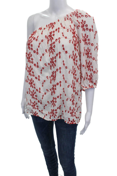 Velvet Womens Tunic White One Shoulder Viscose Floral 3/4 Sleeve Size M