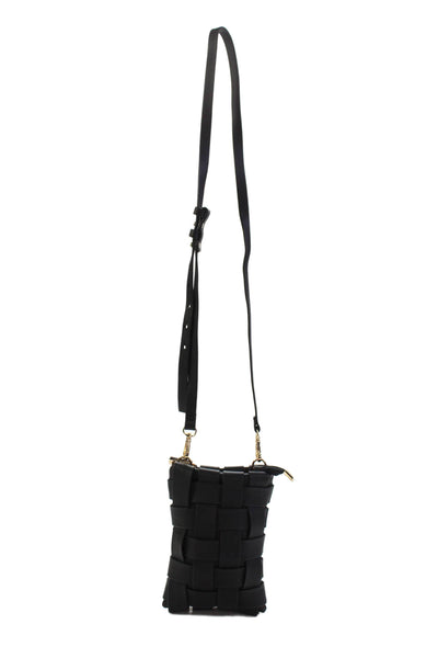 Remi & Reid Womens Woven Zip Cellphone Small Crossbody Handbag Black