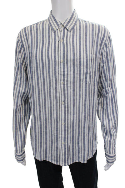 Slate & Stone Mens Linen Striped Collar Long Sleeve Button Down Shirt Blue Sz L