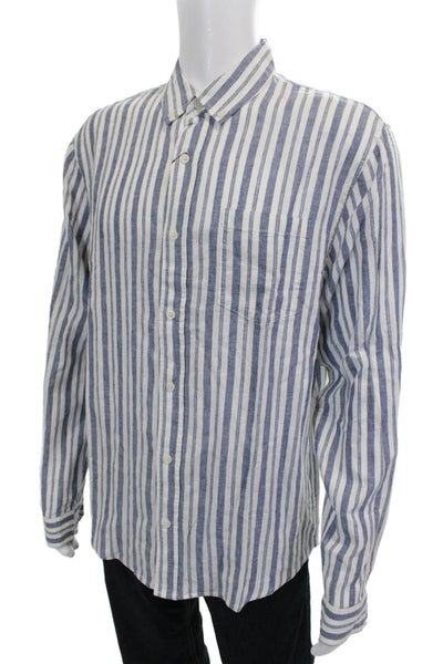 Slate & Stone Mens Linen Striped Collar Long Sleeve Button Down Shirt Blue Sz L