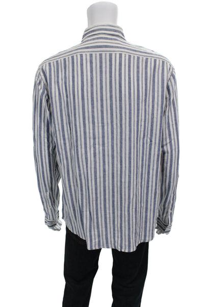 Slate & Stone Mens Linen Striped Collar Long Sleeve Button Down Shirt Blue Sz L