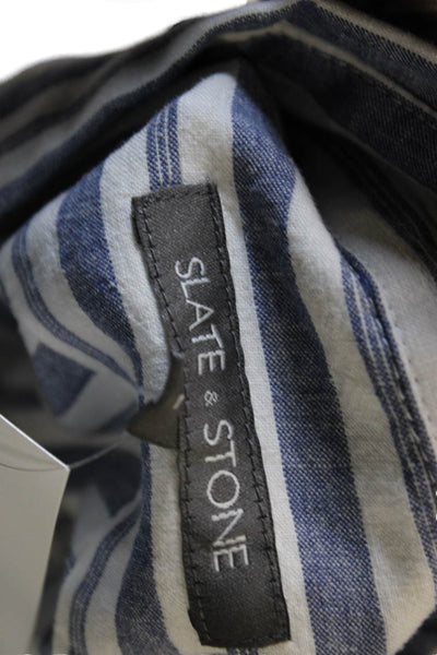 Slate & Stone Mens Linen Striped Collar Long Sleeve Button Down Shirt Blue Sz L