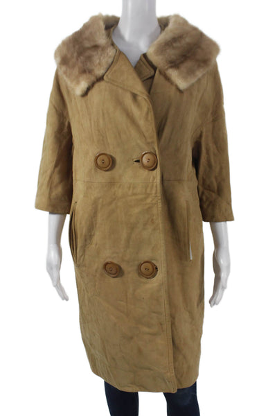Designer Womens Overcoat Beige Suede 3/4 Sleeve Button Vintage Size 12