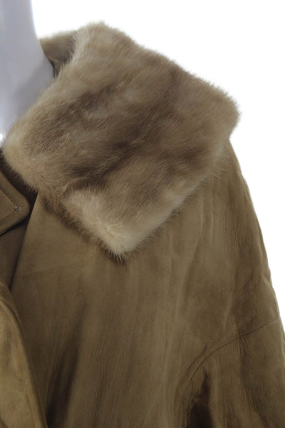 Designer Womens Overcoat Beige Suede 3/4 Sleeve Button Vintage Size 12