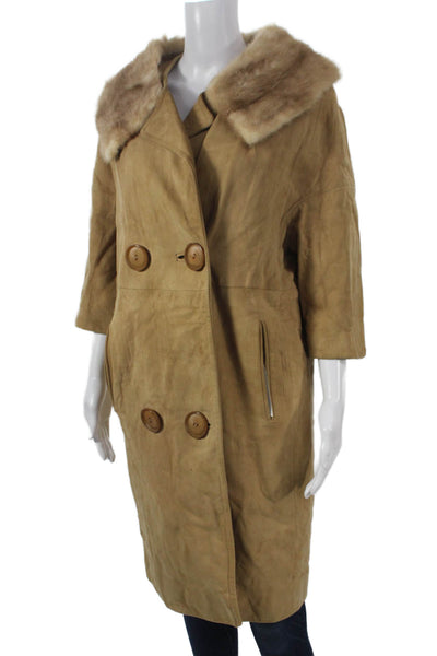Designer Womens Overcoat Beige Suede 3/4 Sleeve Button Vintage Size 12