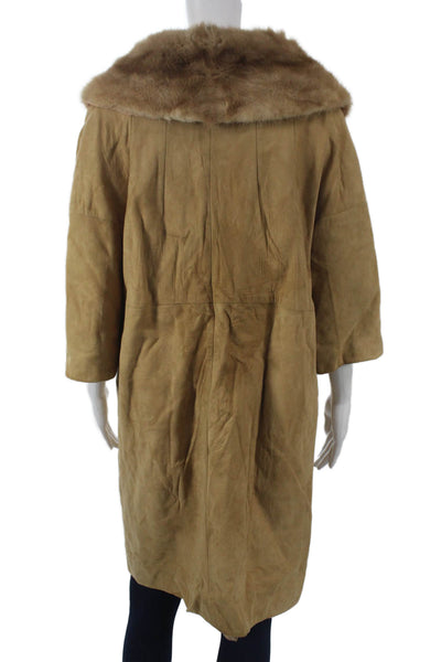 Designer Womens Overcoat Beige Suede 3/4 Sleeve Button Vintage Size 12