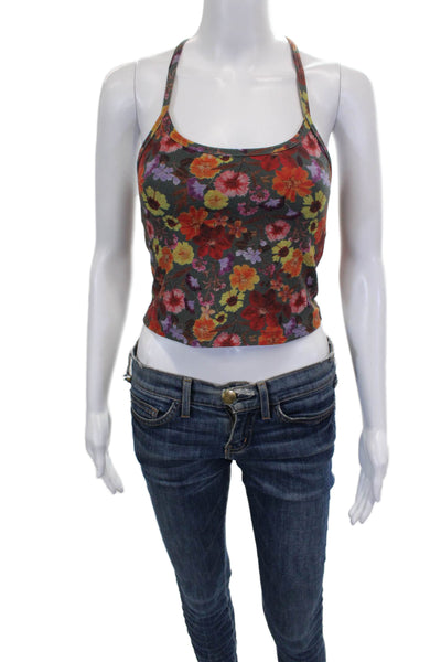 Beyond Yoga Womens Spaghetti Strap Scoop Neck Floral Sports Bra Gray Multi Small