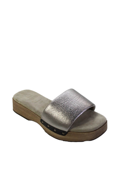 Brunello Cucinelli Womens Metallic Wooden Sole Slide Sandals Gray Size 9