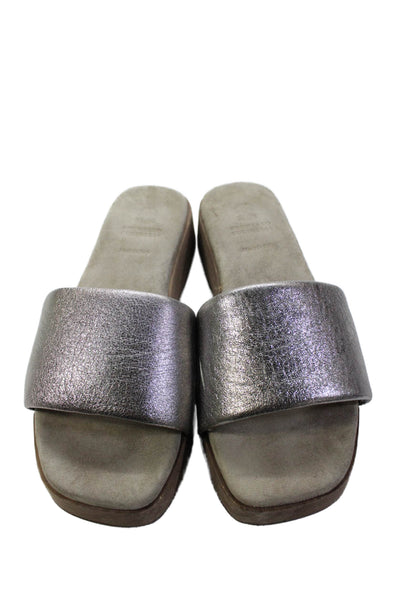 Brunello Cucinelli Womens Metallic Wooden Sole Slide Sandals Gray Size 9