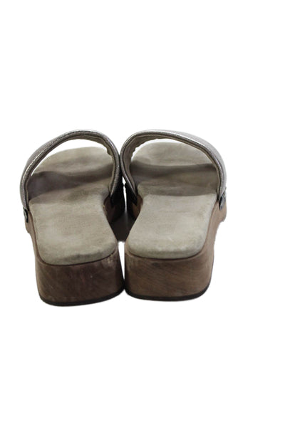 Brunello Cucinelli Womens Metallic Wooden Sole Slide Sandals Gray Size 9