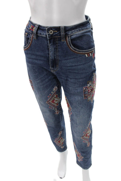 Sam & Lili Women High Rise Straight Jeans Blue Cotton Geometric Size S