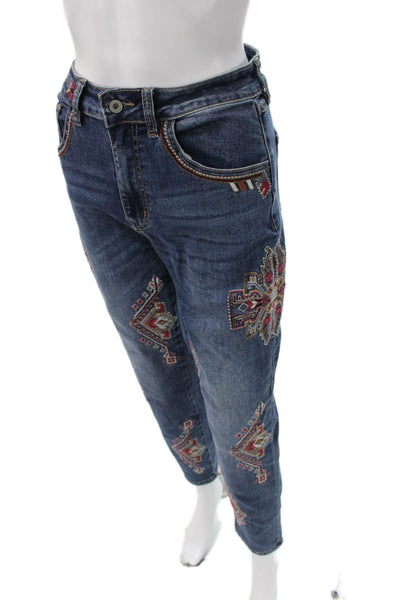 Sam & Lili Women High Rise Straight Jeans Blue Cotton Geometric Size S