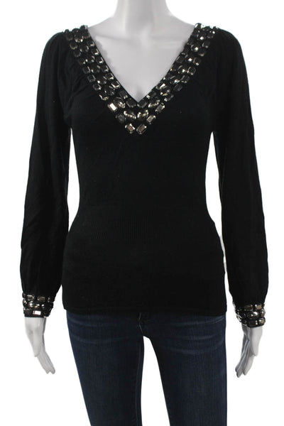 Naeem Khan Women Pullover Sweater Black V-Neck Jeweled Long Sleeve Size S