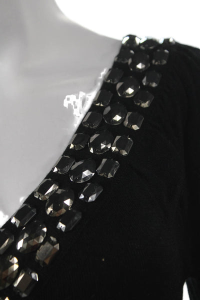 Naeem Khan Women Pullover Sweater Black V-Neck Jeweled Long Sleeve Size S