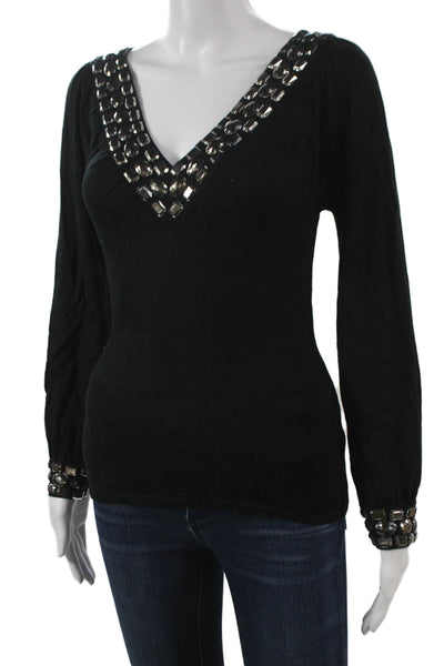 Naeem Khan Women Pullover Sweater Black V-Neck Jeweled Long Sleeve Size S
