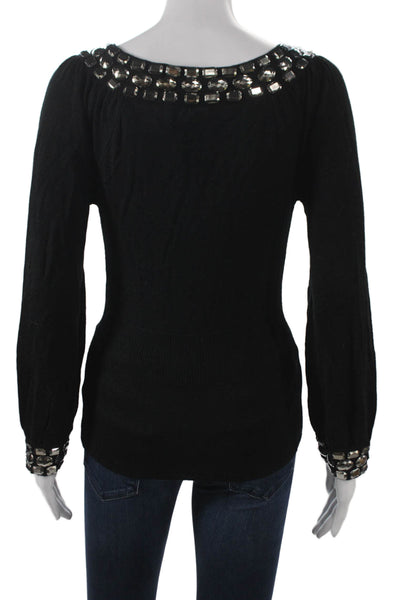 Naeem Khan Women Pullover Sweater Black V-Neck Jeweled Long Sleeve Size S