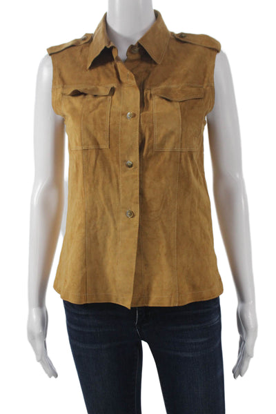 Gimos Women Basic Western Suede Collared Sleeveless Button-Up Brown Size S