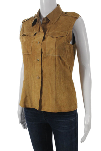 Gimos Women Basic Western Suede Collared Sleeveless Button-Up Brown Size S