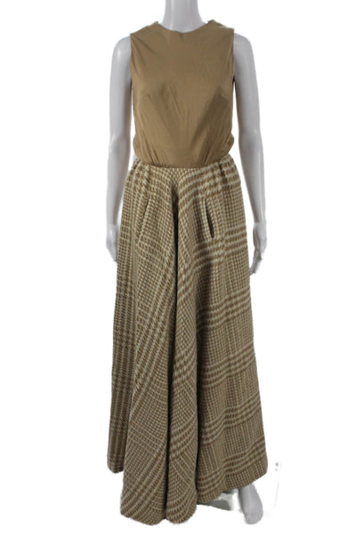 Norman Norell Women Maxi Houndstooth Sleeveless Round Neck Dress Beige Size S