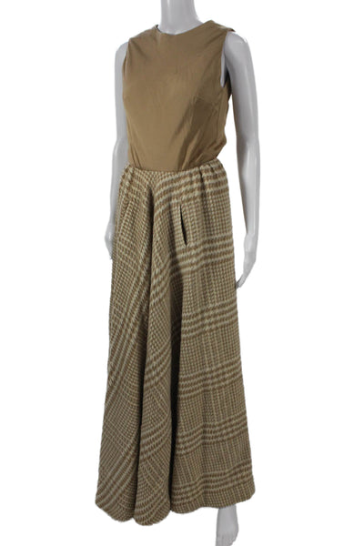 Norman Norell Women Maxi Houndstooth Sleeveless Round Neck Dress Beige Size S