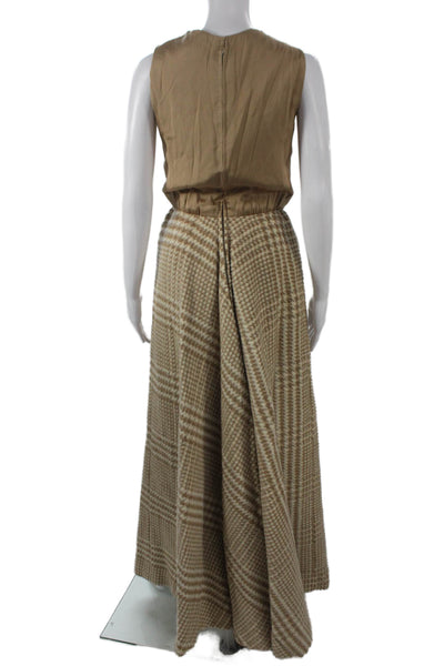 Norman Norell Women Maxi Houndstooth Sleeveless Round Neck Dress Beige Size S
