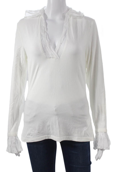 Anne Fontaine Womens Jersey Blouse White V-Neck Long Sleeve Pima Cotton Size 40