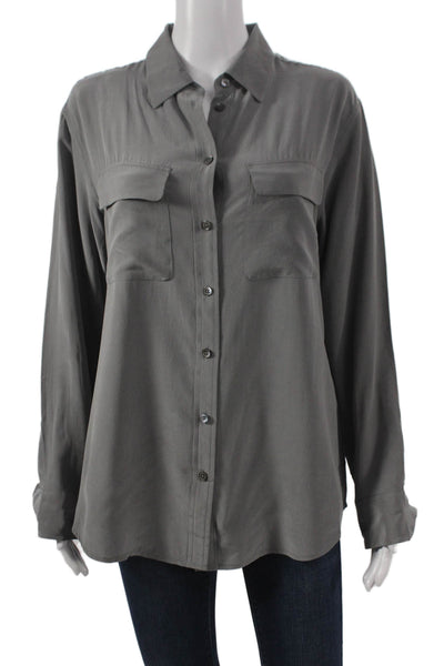 Equipment Femme Womens Silk Collared Button-Up Long Sleeve Gray Top Size S