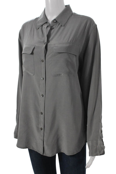 Equipment Femme Womens Silk Collared Button-Up Long Sleeve Gray Top Size S