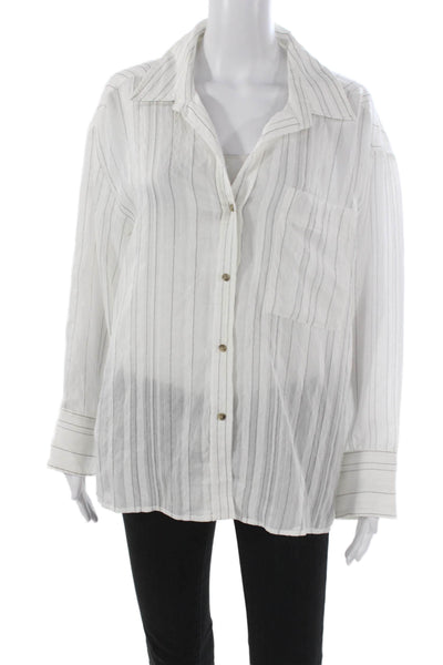 MNG Women Striped Collared Button-Up Blouse Long Sleeve White Size 2