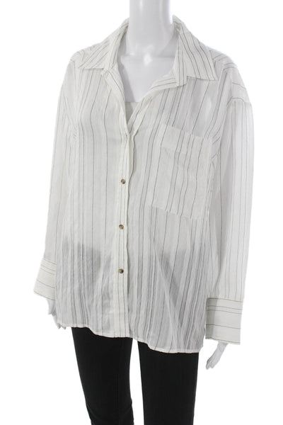MNG Women Striped Collared Button-Up Blouse Long Sleeve White Size 2