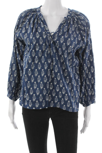India Collection Womens Boho Floral V-Neck Tunic Blouse Blue Longsleeve Size XS