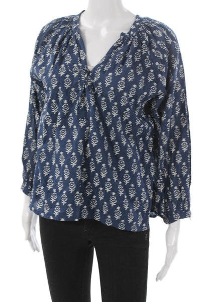 India Collection Womens Boho Floral V-Neck Tunic Blouse Blue Longsleeve Size XS