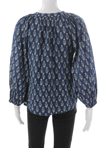 India Collection Womens Boho Floral V-Neck Tunic Blouse Blue Longsleeve Size XS