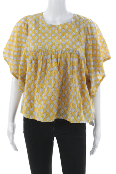 India Collection Womens Yellow Floral Short Sleeve Blouse Size S