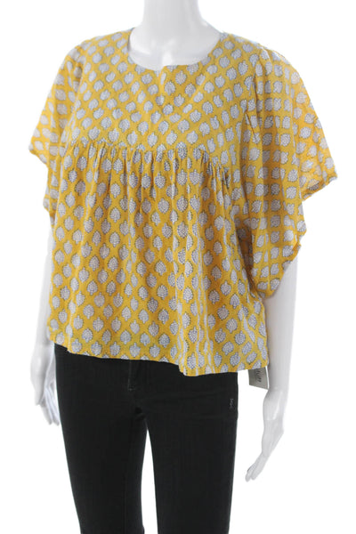 India Collection Womens Yellow Floral Short Sleeve Blouse Size S