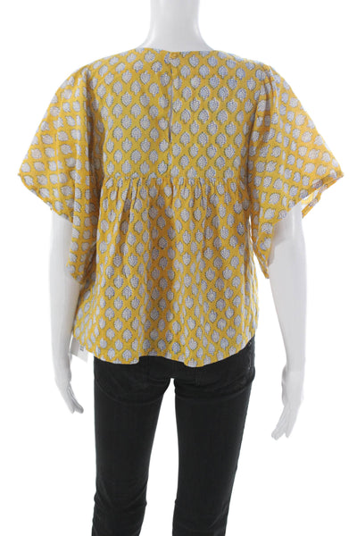 India Collection Womens Yellow Floral Short Sleeve Blouse Size S