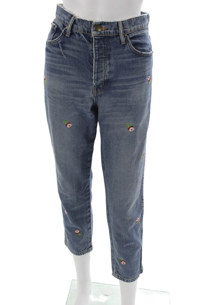 The Great Women Cropped Jeans Blue Floral Cotton Blend High Rise Size 27