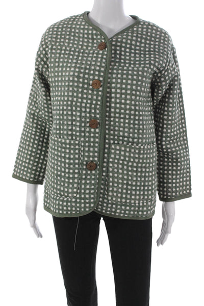 India Collection Womens Quilted Jacket Green Check Cotton Long Sleeve Size M