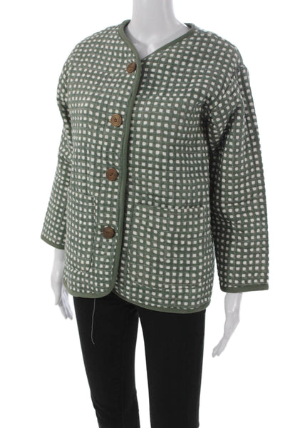 India Collection Womens Quilted Jacket Green Check Cotton Long Sleeve Size M