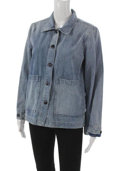 The Great Womens Blue Collared Basic Jacket Long Sleeve Cotton Hemp Size 0