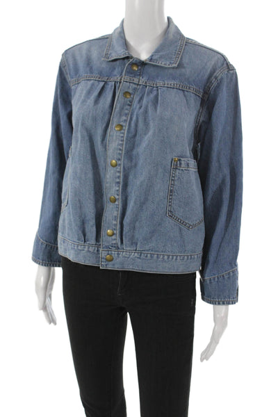 The Great Womens Basic Jacket Blue Cotton Snap Long Sleeve Solid Fall Size 0