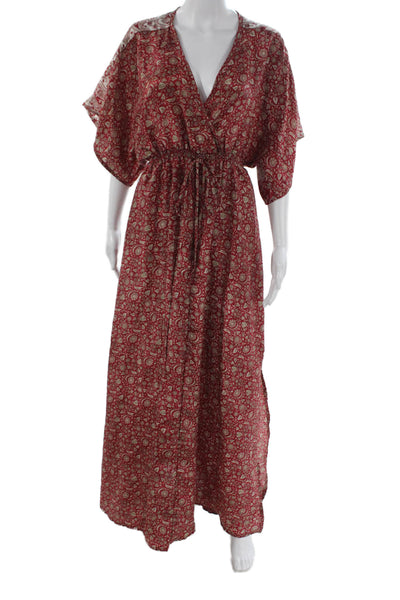 Sissel Edelbo Women Kaftan Red Sari V-Neck Floral Boho Size One Size