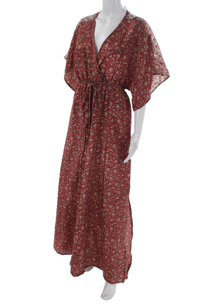 Sissel Edelbo Women Kaftan Red Sari V-Neck Floral Boho Size One Size