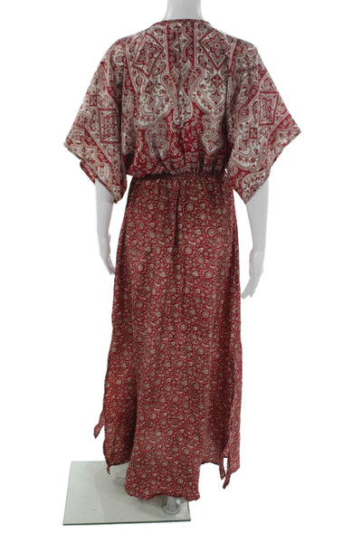 Sissel Edelbo Women Kaftan Red Sari V-Neck Floral Boho Size One Size