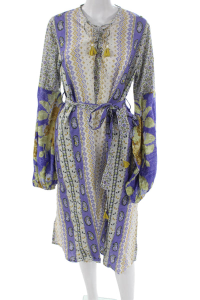 D'ascoli Women Shirt Dress Multicolor Paisley Cotton V-Neck Long Sleeve Size M