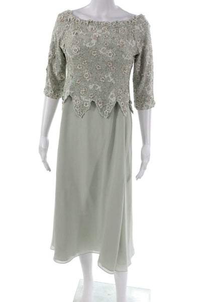 Jovani Women A-Line Floral Green Boat Neck Long Dress 3/4 Sleeve Size S