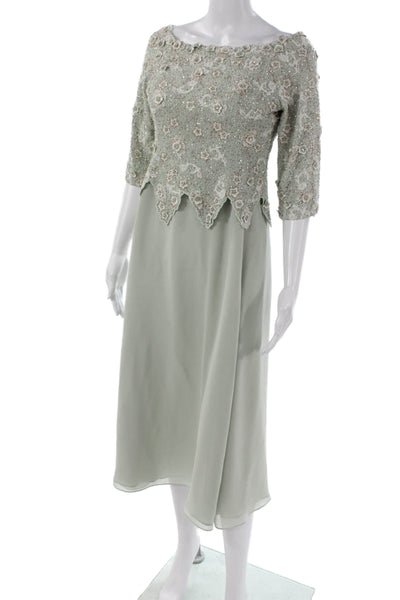 Jovani Women A-Line Floral Green Boat Neck Long Dress 3/4 Sleeve Size S