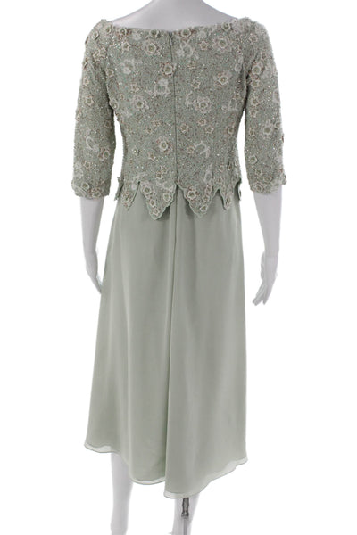 Jovani Women A-Line Floral Green Boat Neck Long Dress 3/4 Sleeve Size S