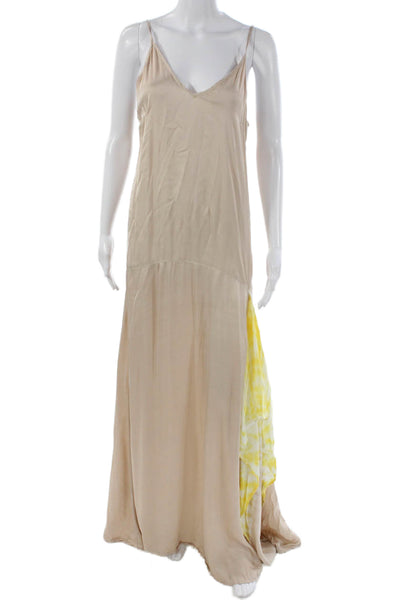 Rabens Saloner Women Maxi Bohemian Beige V Neck Sleeveless Viscose Dress Size M